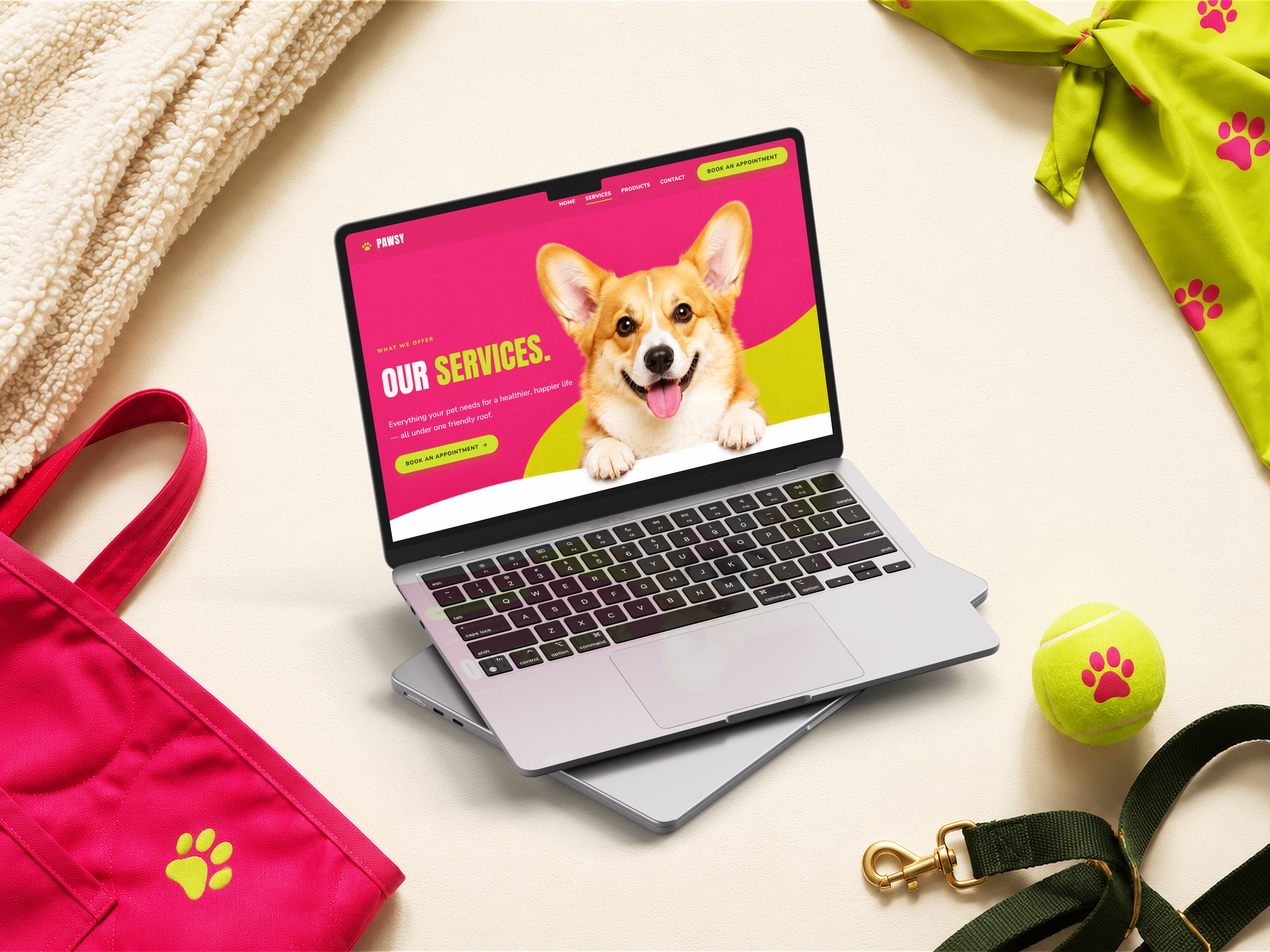 Pawsy website - services landing page with a persistent 'Book an appointment' button